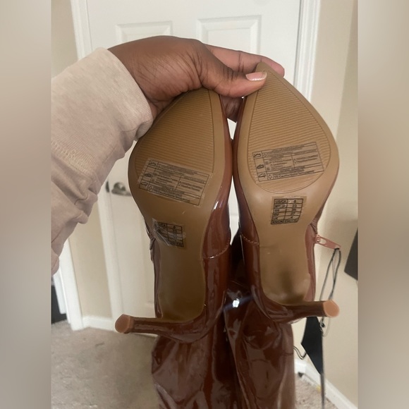 Chocolate Patent Leather Thigh High Boots - Picture 4 of 4